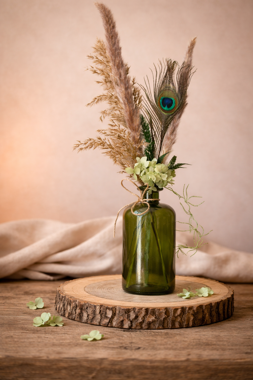 Soliflore en fleurs séchées – Composition bohème avec plume de paon