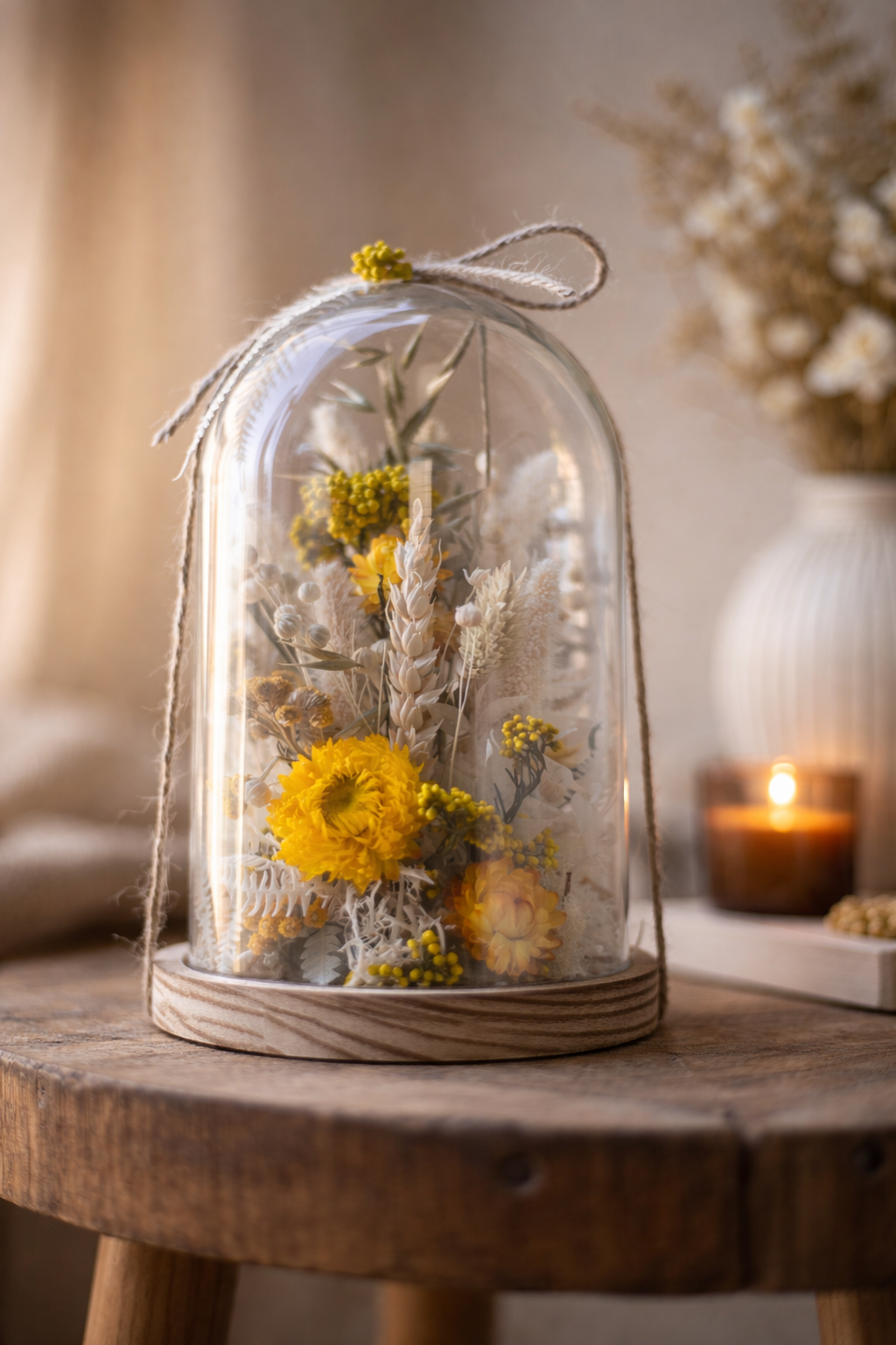 Cloche de fleurs séchées jaune et naturel – décoration bohème artisanale