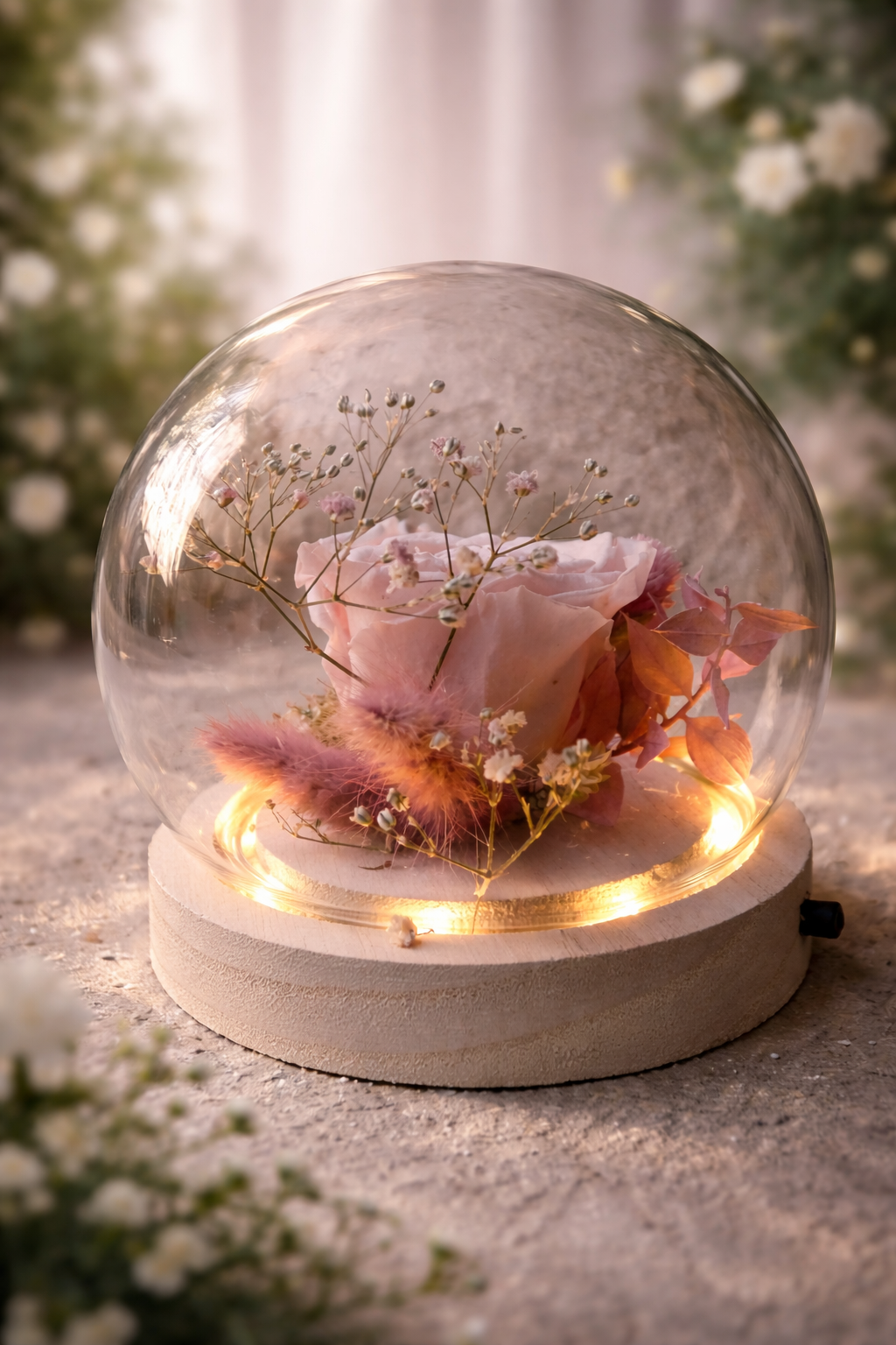 Cloche lumineuse avec rose stabilisée rose – décoration romantique et élégante