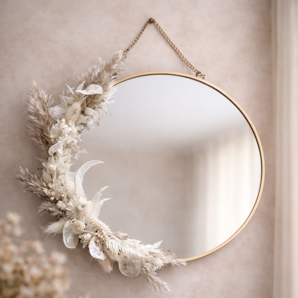 Miroir rond fleuri blanc naturel – décoration murale bohème chic