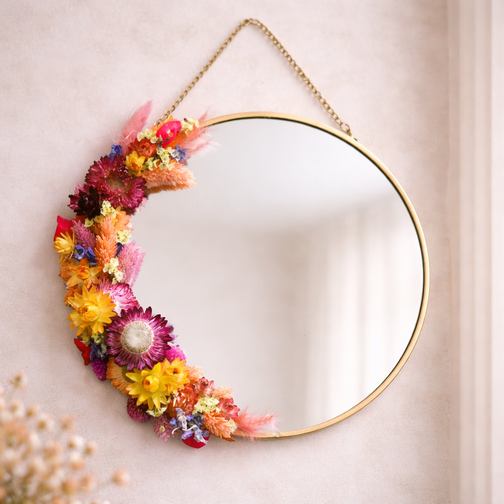 Miroir rond fleuri multicolore – décoration murale bohème et lumineuse