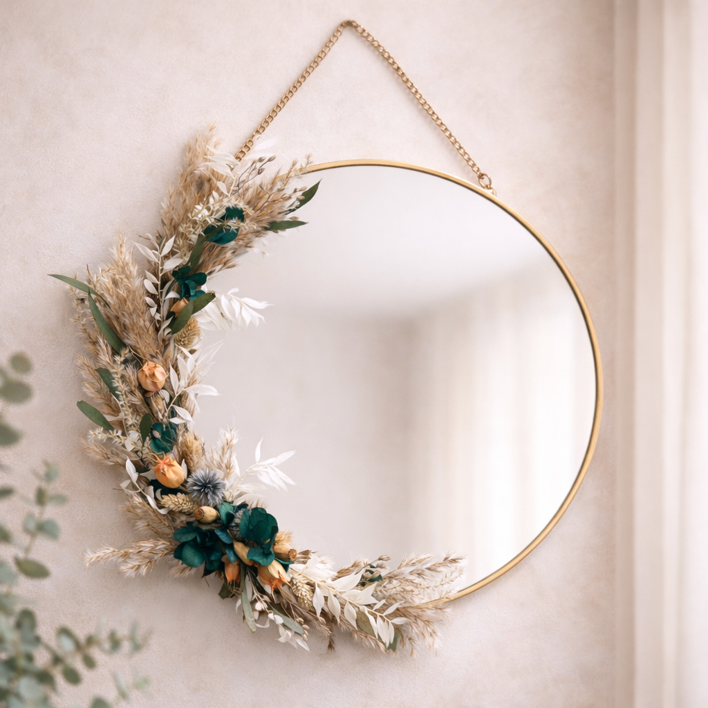 Miroir mural fleuri tons naturels – création artisanale bohème chic
