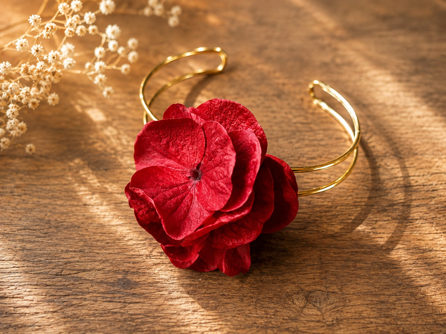 Bracelet jonc or/argent hortensia rouge