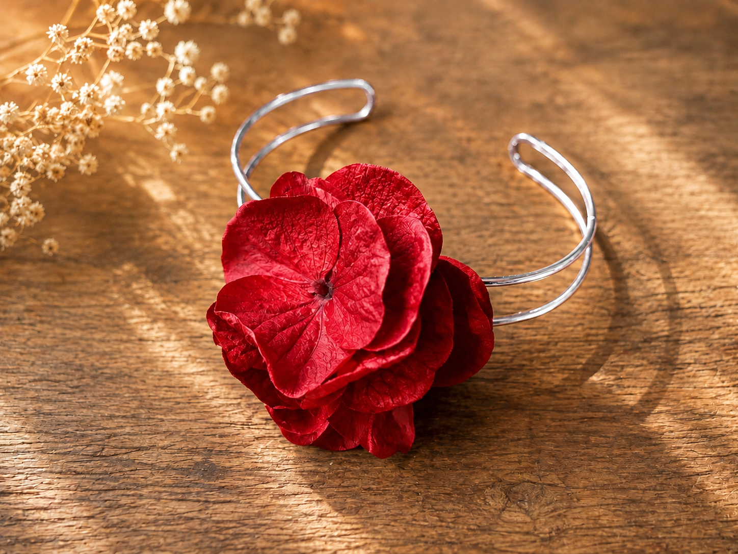 Bracelet jonc or/argent hortensia rouge – Image 2