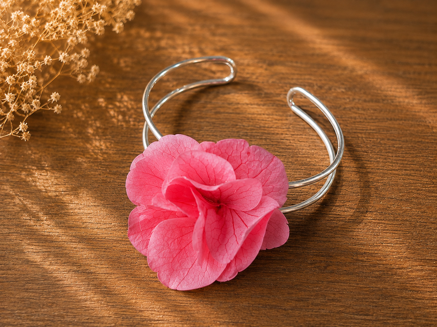 Bracelet jonc or/argent hortensia rose
