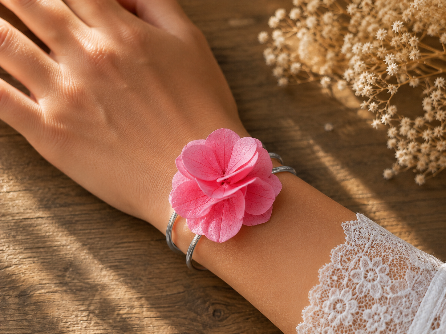 Bracelet jonc or/argent hortensia rose – Image 3